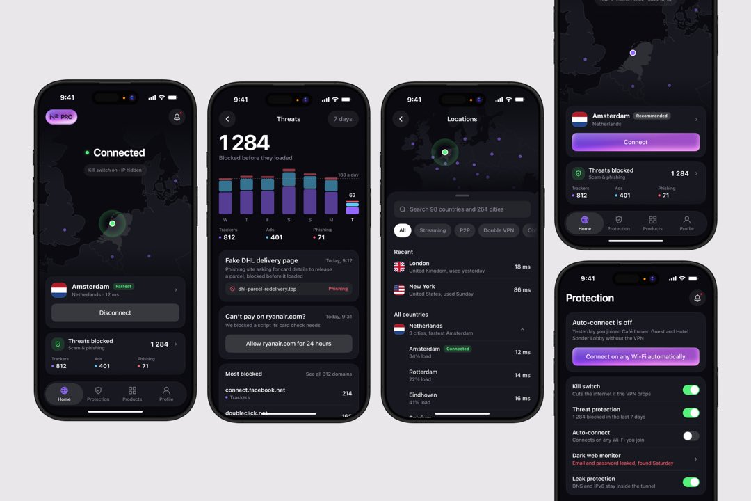 Five Noname VPN screens: connected in Amsterdam, threats blocked this week, choosing a location, the home screen ready to connect, and the protection settings