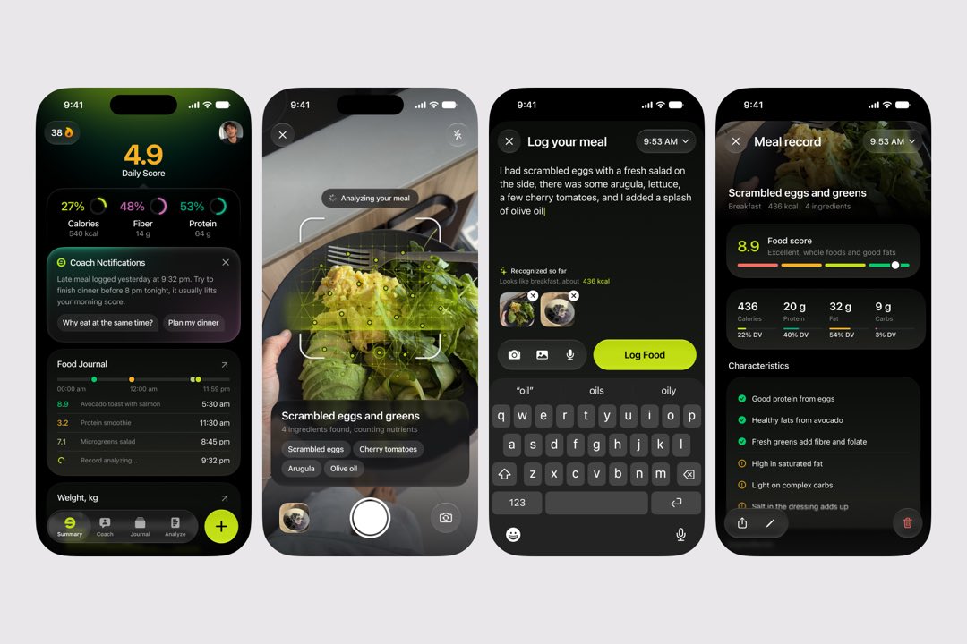 Four Reveat screens: the daily score, scanning a meal with the camera, logging a meal by text, and the meal record