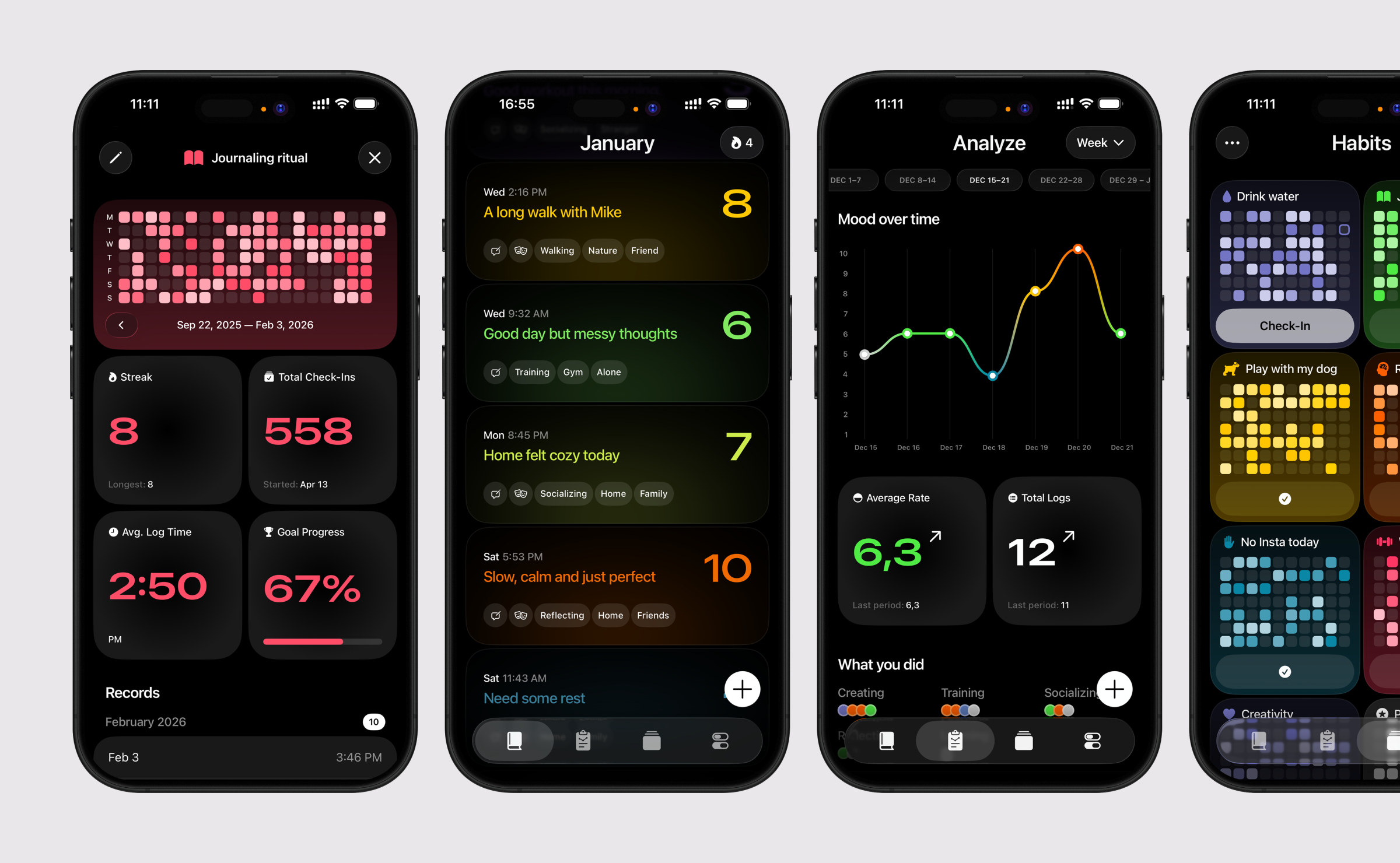 Four Jrnl screens: the journalling ritual, the month of entries, mood over time and the habit boards