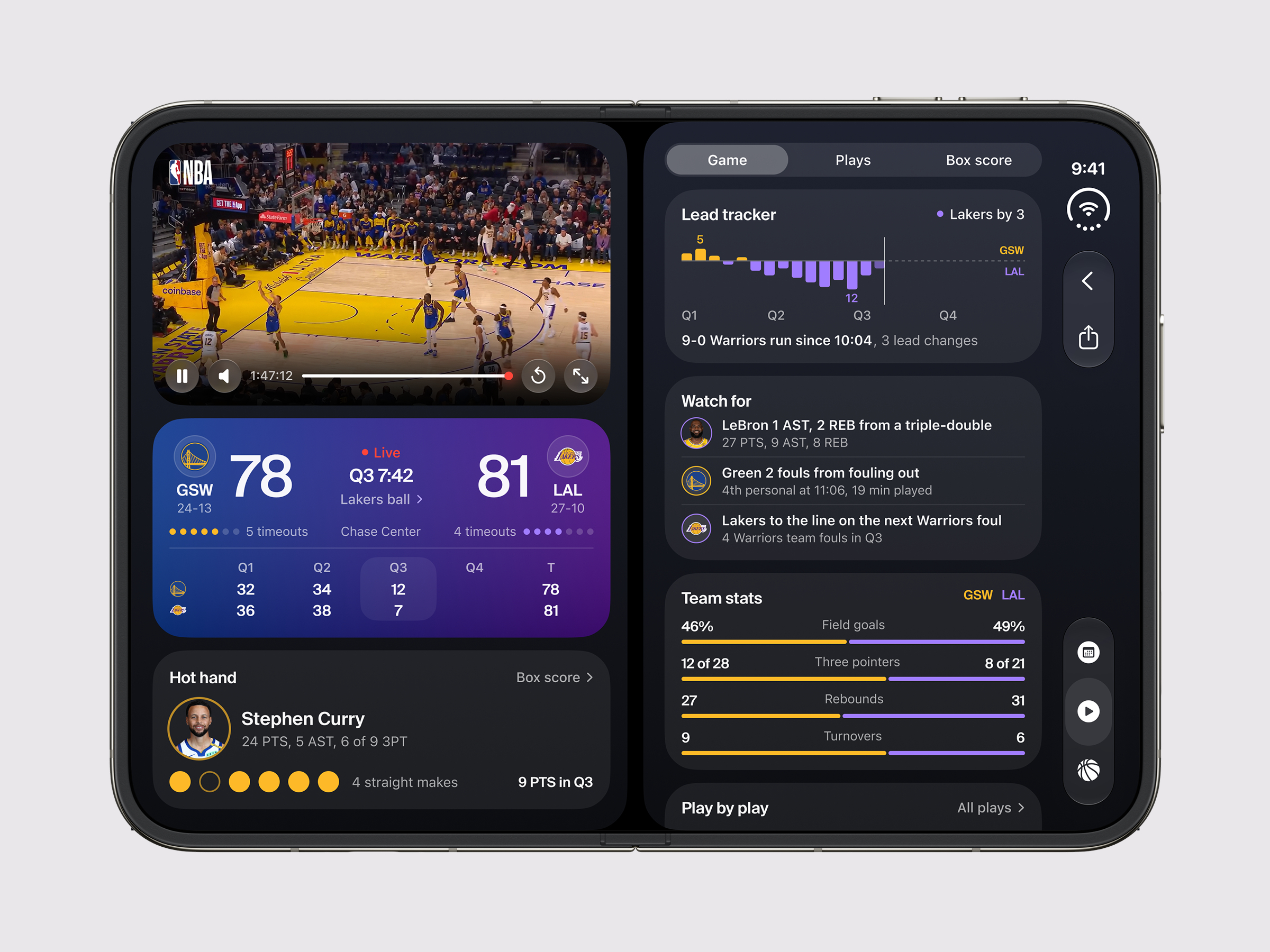 NBA app concept for iPhone Duo: the live game, score and hot hand on one half, lead tracker, watch for and team stats on the other