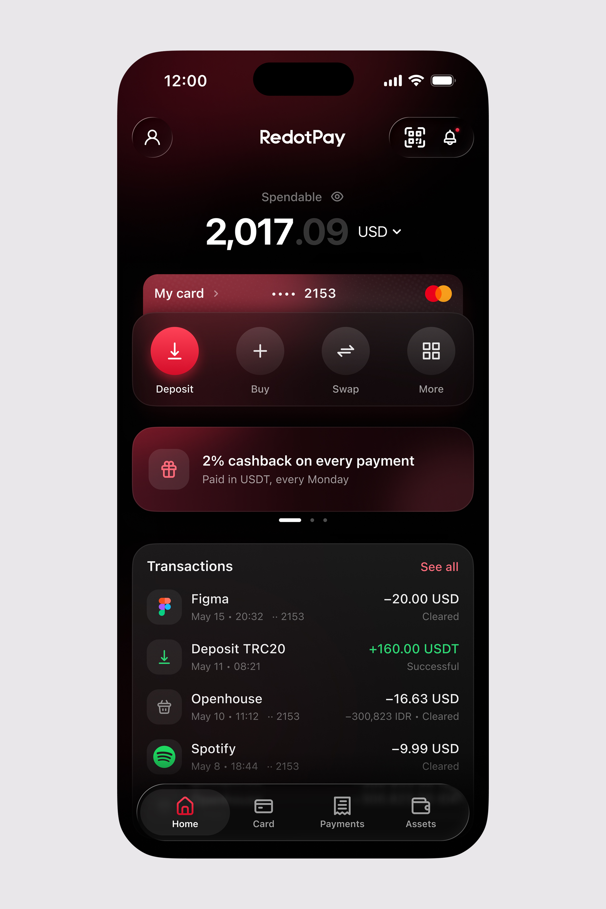 App redesign concept for RedotPay, a crypto payments app